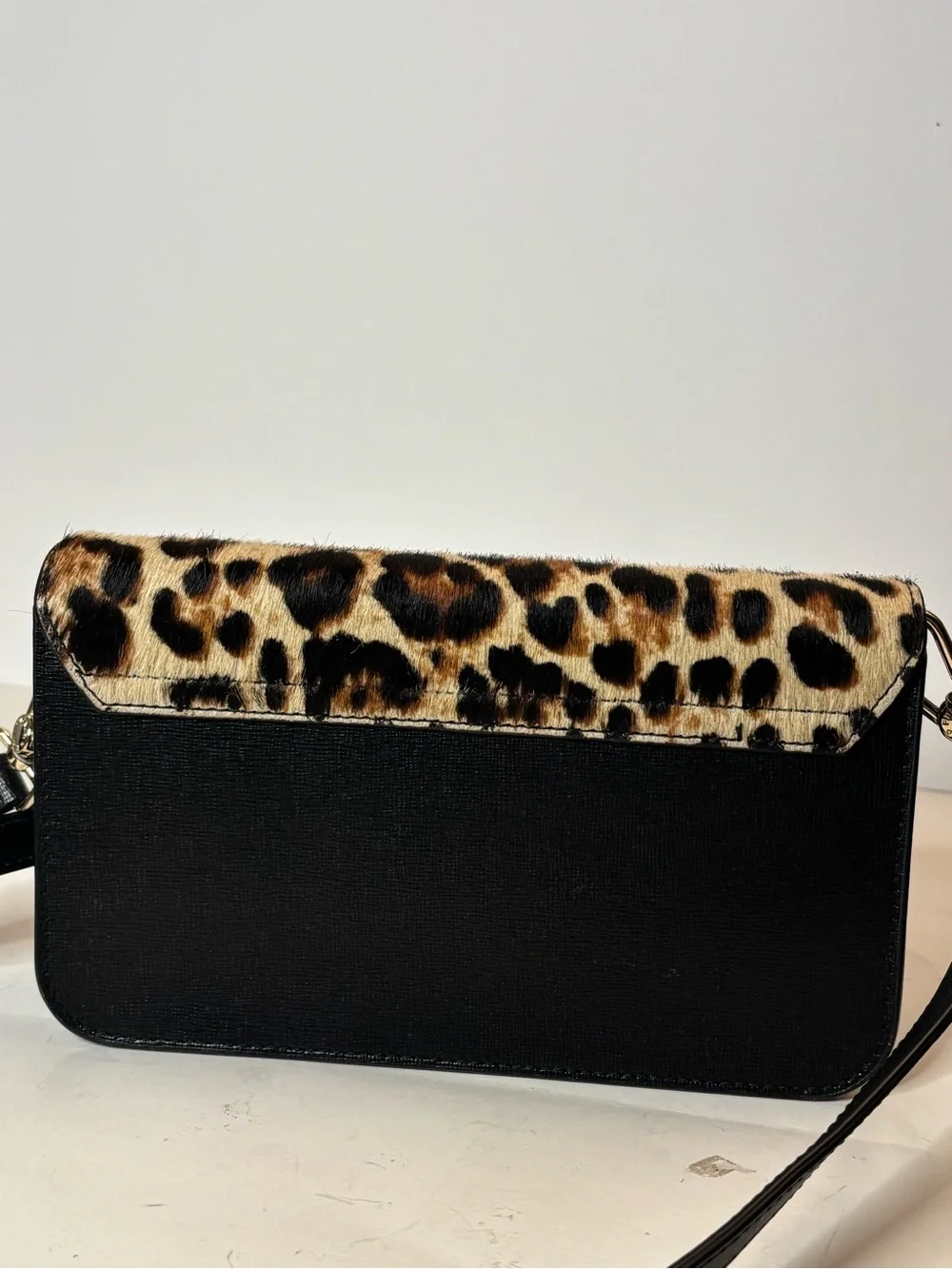 Furla Bella mini crossbody with leopard print calf hair and leather. Adjustable